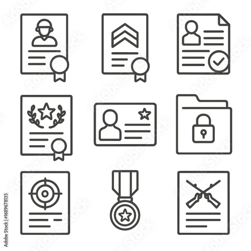 Military Certificates Icons. Line style icons of military and defense certificates: service completion document, military rank