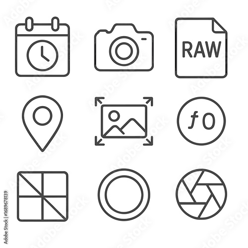 Metadata Icons Set. Line style icons of metadata and info: photo timestamp, camera model, file format, GPS location, image size,