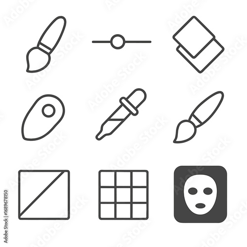 Digital Art Tool Icons. Line style icons of digital art adjustments: brush size, opacity slider, layer icon, color picker,