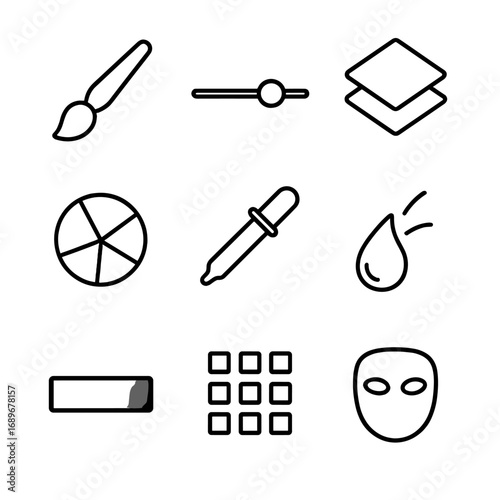 Digital Art Tool Icons. Line style icons of digital art adjustments: brush size, opacity slider, layer icon, color picker,