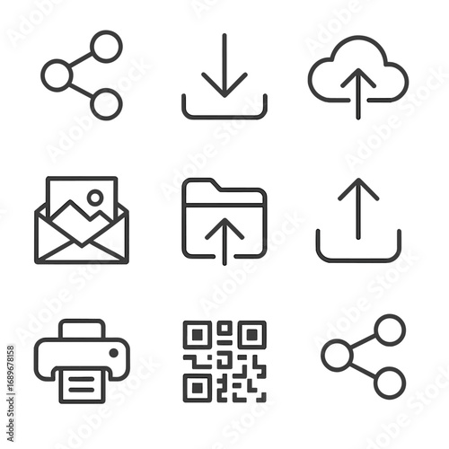 Export and Share Icons. Line style icons of export and sharing: share arrow, download icon, save to cloud, email photo, export