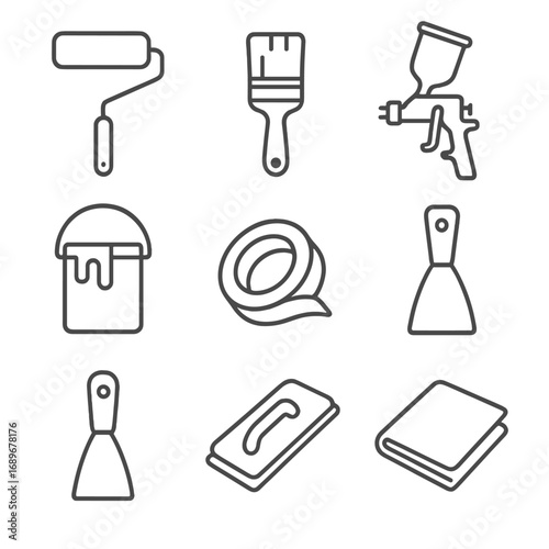 Painting Tools Icons. Line style icons of painting and finishing tools: paint roller, paintbrush, spray gun, paint bucket, masking
