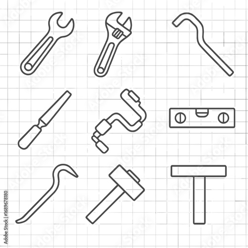 Line Tool Icons. Line style icons of hand tools: spanner, adjustable wrench, Allen key, file tool, hand drill, level tool, crowbar