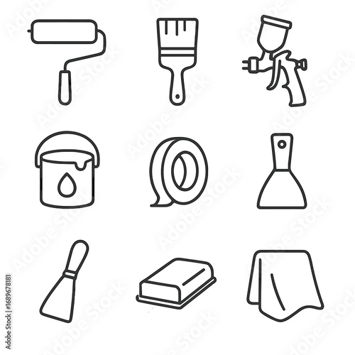Painting Tools Icons. Line style icons of painting and finishing tools: paint roller, paintbrush, spray gun, paint bucket, masking