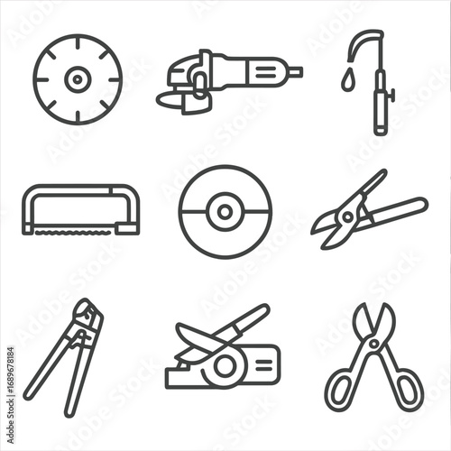 Cutting & Grinding Tools Icons. Line style icons of cutting and grinding tools: cutting disc, grinder tool, metal saw, cut-off