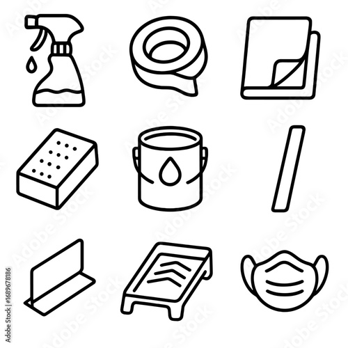 Painting Tools Icons. Line style icons of painting preparation tools: surface cleaner, painter’s tape, drop sheet, sanding sponge,