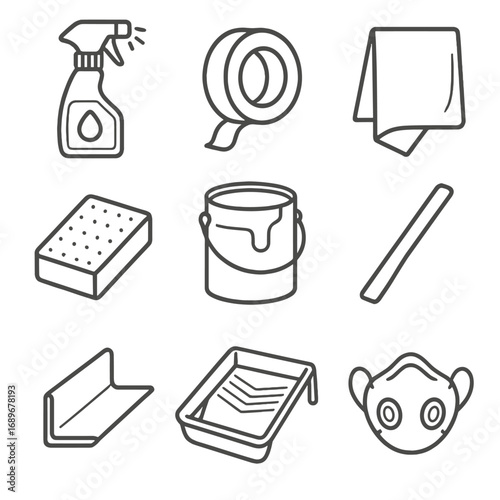 Painting Tools Icons. Line style icons of painting preparation tools: surface cleaner, painter’s tape, drop sheet, sanding sponge,