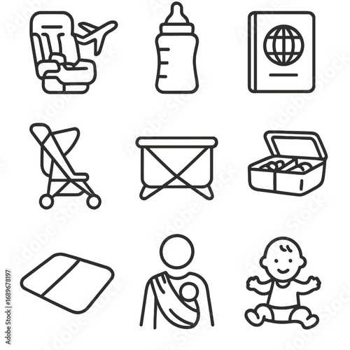 Baby Travel Essentials Icons. Line style icons of baby travel needs: airplane seat for baby, travel bottle, baby passport, compact