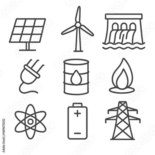 Energy Icons Line Art. Line style icons of energy transmission modes: solar panel, wind turbine, hydro dam, electric plug, oil