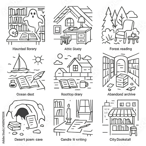 Literary Location Icons. Line style icons of symbolic literary locations: haunted library, secret attic study, forest reading nook