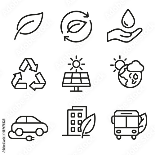 Environmental Icons Collection. Line style icons of environmental modes: eco mode leaf, carbon neutral icon, water saver, zero