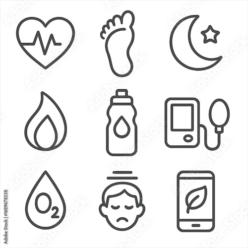 Health Tracking Icons. Line style icons of health tracking modes: heart rate monitor, step counter, sleep tracker, calorie burn,