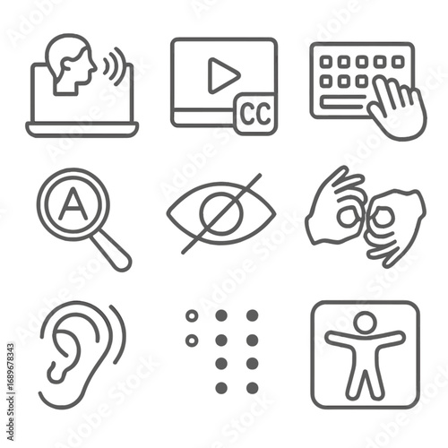 Accessibility Icons. Line style icons of accessibility modes: screen reader, caption icon, keyboard access, text zoom, visual