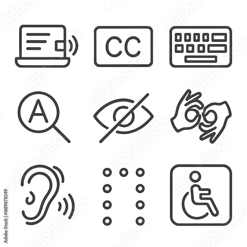 Accessibility Icons. Line style icons of accessibility modes: screen reader, caption icon, keyboard access, text zoom, visual