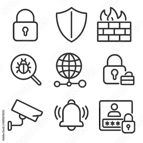 Security Icons Collection. Line style icons of defense and security modes: lock symbol, shield icon, firewall, antivirus scan,
