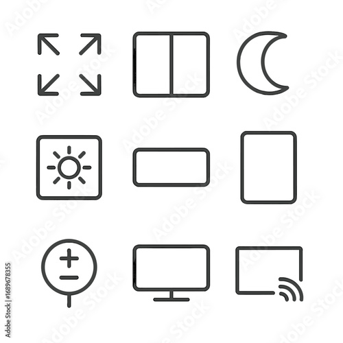 Screen Mode Icons. Line style icons of display and screen modes: fullscreen icon, split view, dark mode, light mode, landscape