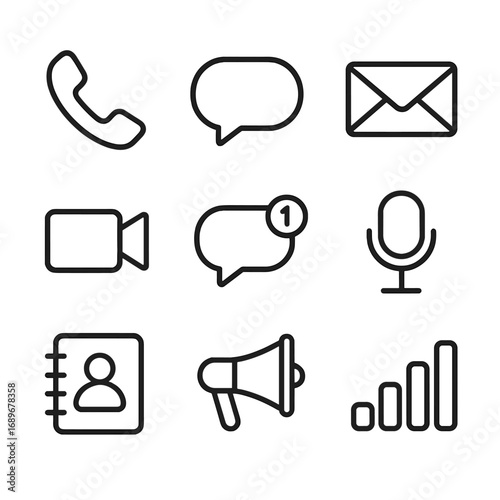Communication Icons Set. Line style icons of basic communication: phone receiver, chat bubble, email envelope, video call icon,