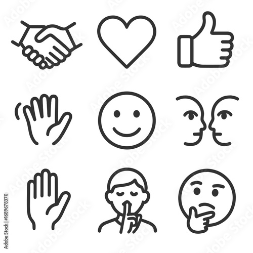 Non-Verbal Icons. Line style icons of non-verbal communication: handshake, heart icon, thumbs up, waving hand, smiling face, eye