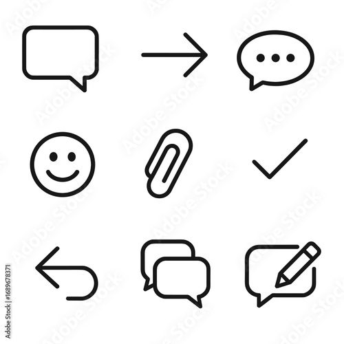 Digital Messaging Icons. Line style icons of digital messaging: text message icon, send arrow, typing dots, emoji face, attachment