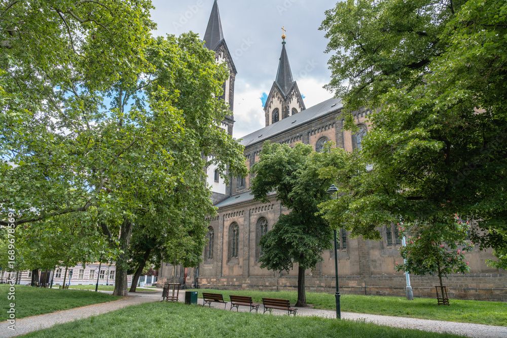 Fototapeta premium An impressive old cathedral viewed through lush green trees in a park-like setting with benches and walkways inviting visitors.