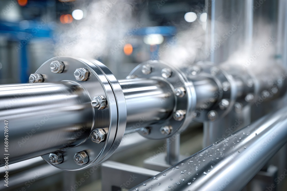 Fototapeta premium Steam escaping from industrial pipeline flange in a factory