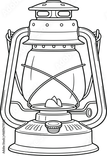 Vintage kerosene lantern, black and white sketch, antique lamp drawing, rustic lighting, camping gear, emergency light, retro design, hand drawn