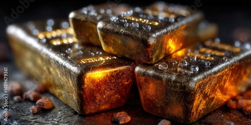 Golden gold bars stacked, displaying wealth, investment, and financial security in an artistic composition.