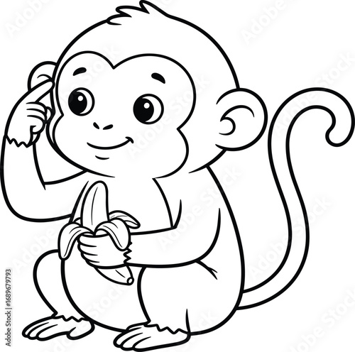 Cartoon monkey, black and white drawing, banana sketch, thinking pose, cute animal art, children coloring page, jungle character, playful primate, educational image, fun illustration