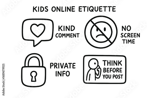 Online Etiquette Icons. Kids online etiquette doodle set: hand drawn icons for kind comment, no screen time emoji, private info