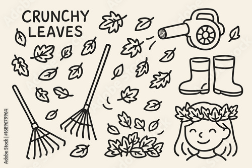 Autumn Leaf Doodle Set. Autumn leaf play doodle set: hand drawn icons for crunchy leaves, leaf blower, boots, rakes, and leaf
