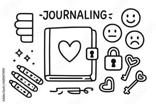 Kids Journaling Doodles. Kids journaling hobby doodle set: hand drawn icons for diary, lock key, mood doodles, page tabs, and