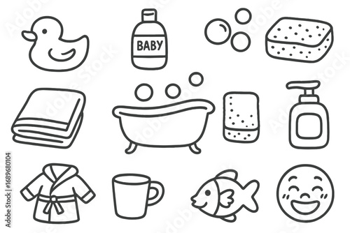 Kids' Bath Time Icons. Kids bath time doodle icon set: hand drawn icons of rubber duck, baby shampoo, bubbles, towel, bathtub,