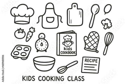 Kids Cooking Doodle. Kids cooking class doodle icon set: hand drawn icons of mini chef hat, apron, cutting board, wooden spoon,