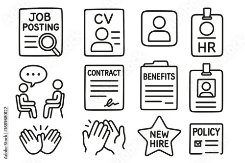 HR Doodle Icon Set. Human resources doodle icon set: hand drawn icons of job posting, CV, candidate profile, HR badge, interview