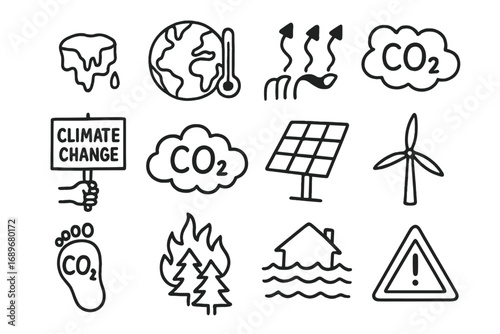 Climate Change Doodle Icons. Climate change awareness doodle icon set: hand drawn icons of melting ice, globe thermometer,