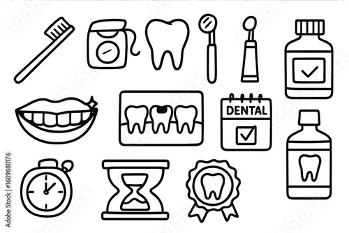 Dental Health Doodle Icons. Dental health doodle icon set: hand drawn icons of toothbrush, floss, tooth icon, dentist chair,