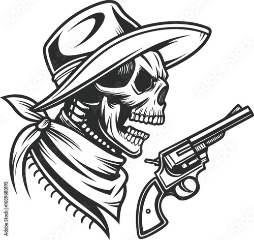 A vector cartoon drawing of a cowboy character with a gun and a hat