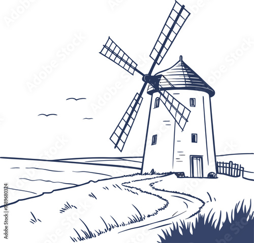 An iconic old Dutch windmill stands in a snowy rural landscape with a clear blue sky