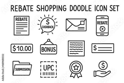 Rebate Shopping Icons. Rebate shopping doodle icon set: hand drawn icons of rebate form, cashback alert, mail-in envelope, digital