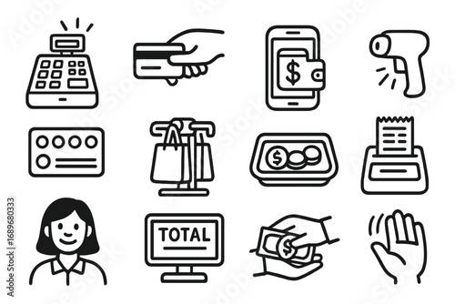 Checkout Doodle Icons. Retail checkout doodle icon set: hand drawn icons of register beeping, credit card swipe, digital wallet,