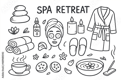 Spa Retreat Essentials. Spa retreat: hand drawn doodles of massage stones, essential oils, candles, towels, facial masks, slippers