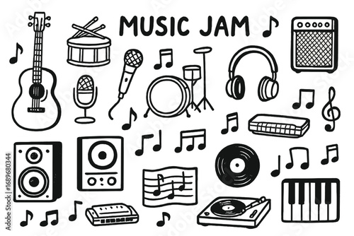 Musical Doodle Extravaganza. Music jam: hand drawn doodles of guitars, drums, microphones, musical notes, speakers, headphones,