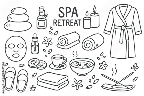 Spa Retreat Essentials. Spa retreat: hand drawn doodles of massage stones, essential oils, candles, towels, facial masks, slippers