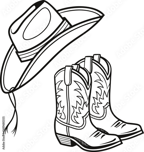 Leather footwear drawing of cowboy boots and hat, a classic fashion style