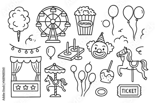 Carnival Doodle Art. Carnival fair: hand drawn doodles of cotton candy, Ferris wheels, popcorn bags, clown faces, ring toss games,