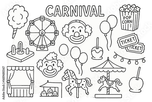 Carnival Doodle Art. Carnival fair: hand drawn doodles of cotton candy, Ferris wheels, popcorn bags, clown faces, ring toss games,