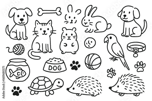 Animal Friends Doodles. Animal friends: hand drawn doodles of dogs, cats, rabbits, hamsters, parrots, turtles, goldfish, hedgehogs