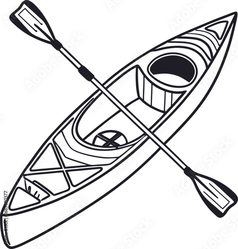Vector illustration of a wooden fork and knife over a river, a boat, and equipment