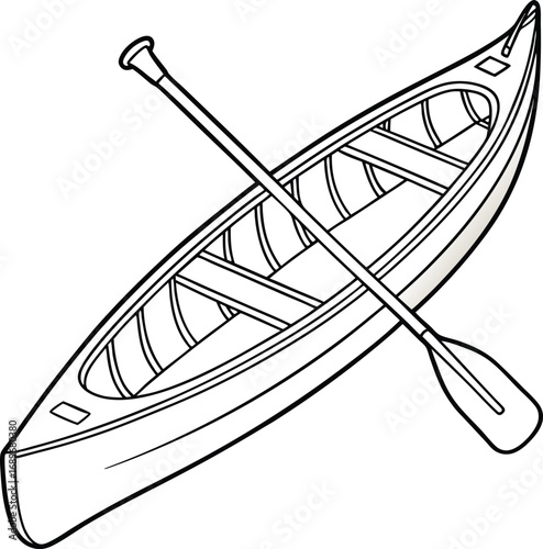 Wooden kayak with fishing gear, including fishing rods, nets, and hooks, on a white background