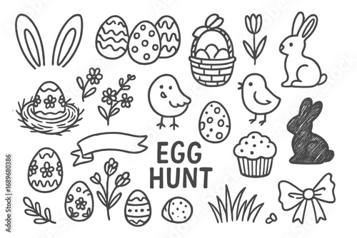 Easter Doodles Festivity. Easter celebration: hand drawn doodles of bunny ears, painted eggs, Easter baskets, chicks, spring
